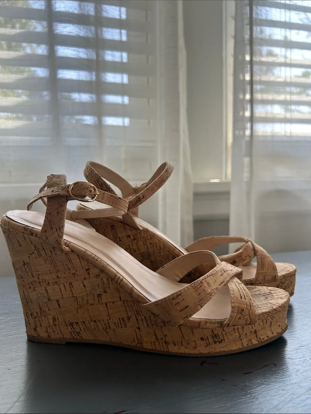 Lulu's Cork Wedge Sandals in Natural Tan